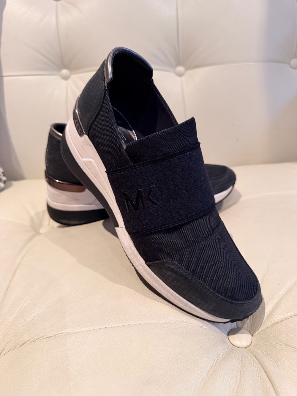 Michael Kors Black Slip-On MK Logo Women’s Sneakers with White Sole
